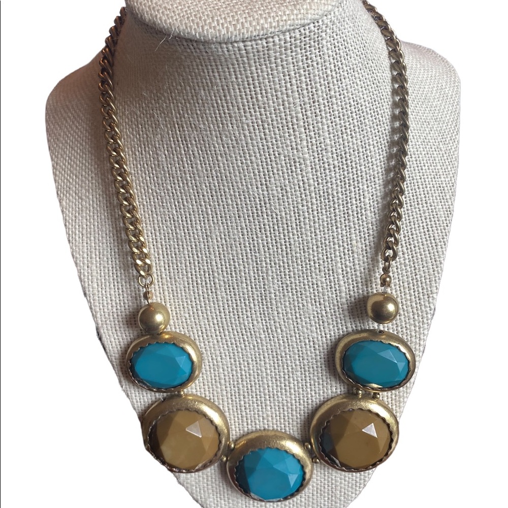 Vintage Chunky Turquoise and Olive Colored Stones Gold Necklace